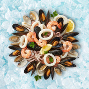 Frozen French seafood mix with mussels, shrimp, squid rings, and clams
