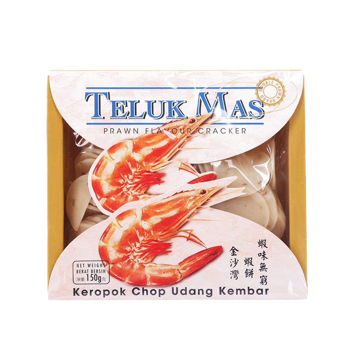 Prawn flavor cracker bag with prawn illustrations and TELUK MAS branding, 150g