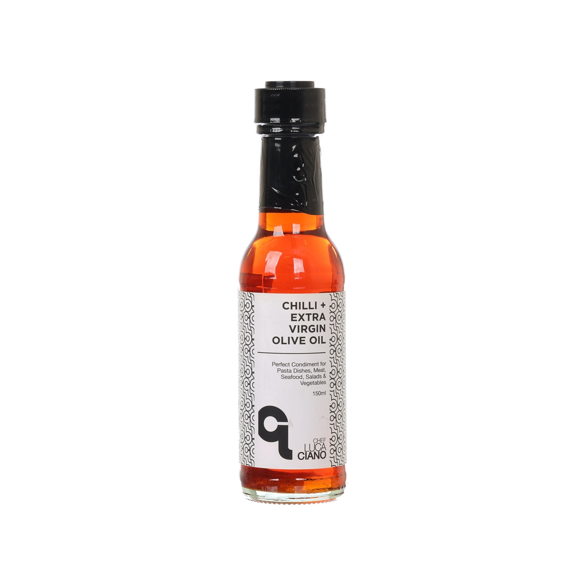 Chilli extra virgin olive oil dressing bottle with black cap and orange glass