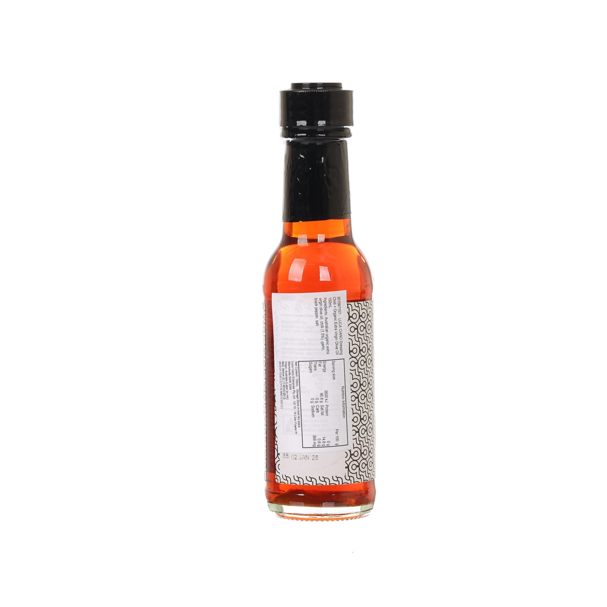 Chilli dressing extra virgin olive oil bottle back label, orange glass and black cap