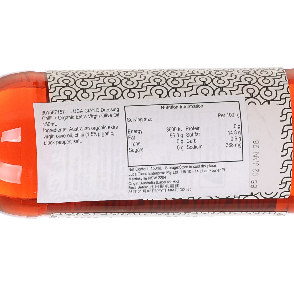 Chilli dressing bottle label close-up showing ingredients and nutrition facts