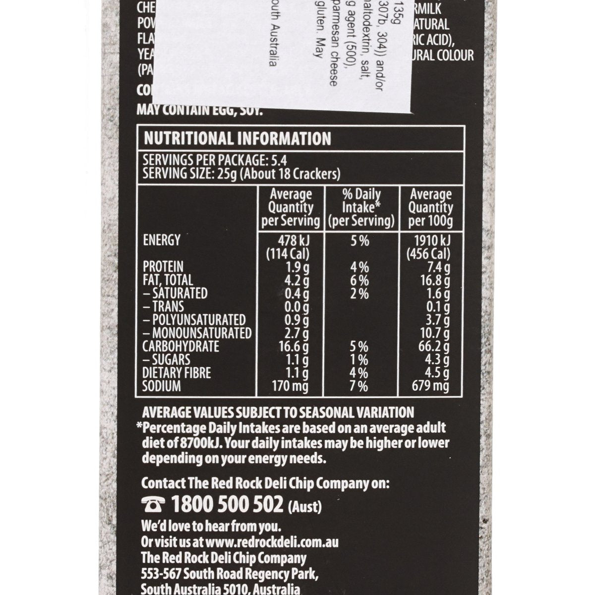 Crackers box back with nutritional information table and serving details