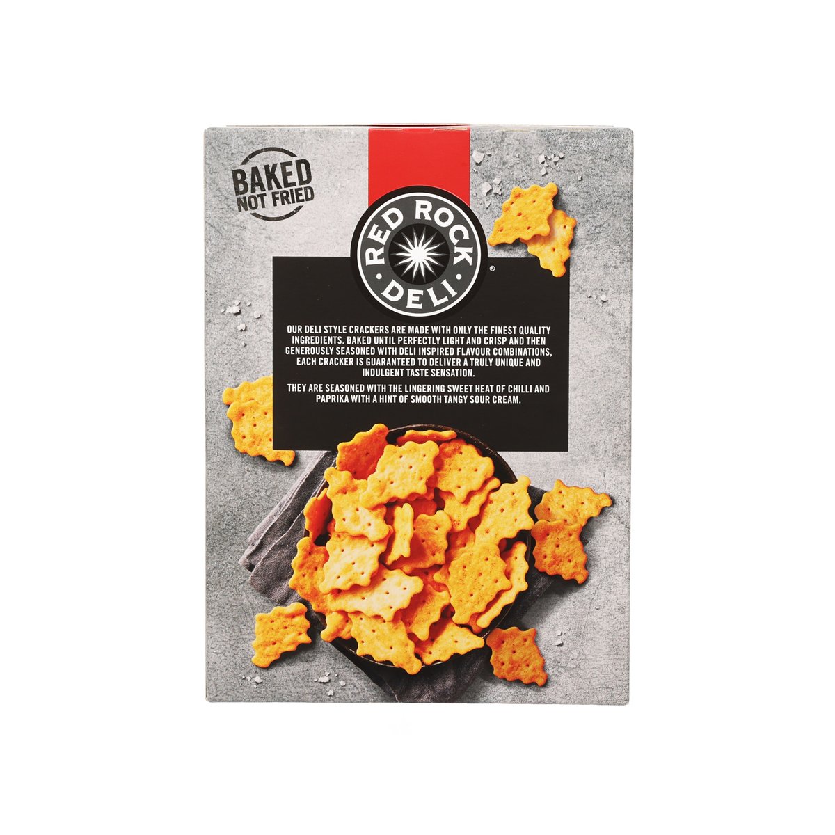 Deli style crackers box back with Sweet Chilli & Sour Cream seasoning and cracker pieces