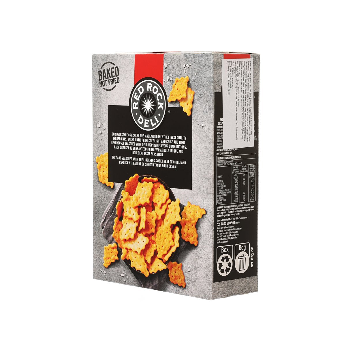 Deli style crackers box side view with orange spicy cracker pieces