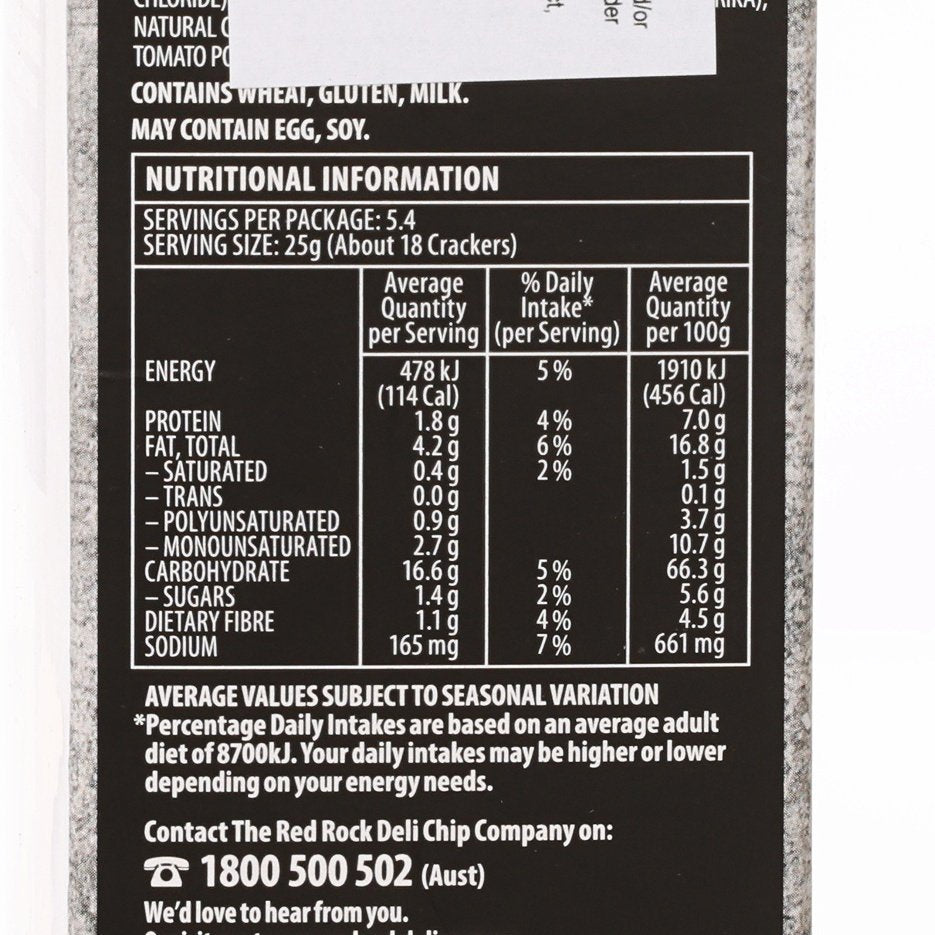 Nutrition facts panel on deli crackers box, serving size 25g