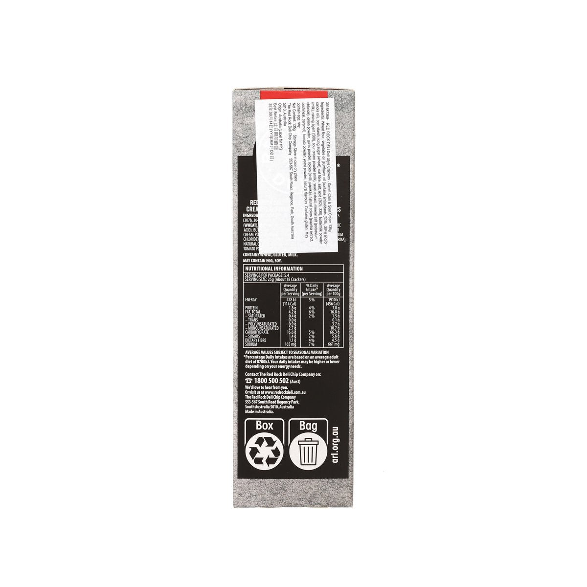 Back label on deli crackers box with recycling icons and barcode