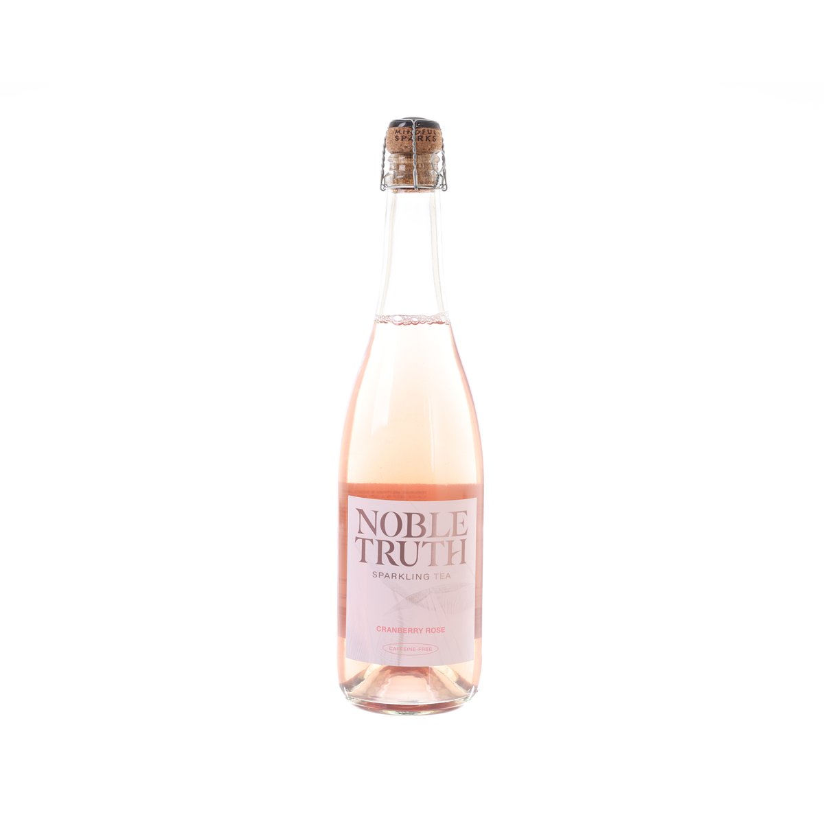 Cranberry rose sparkling tea bottle with cork-style stopper, front label visible