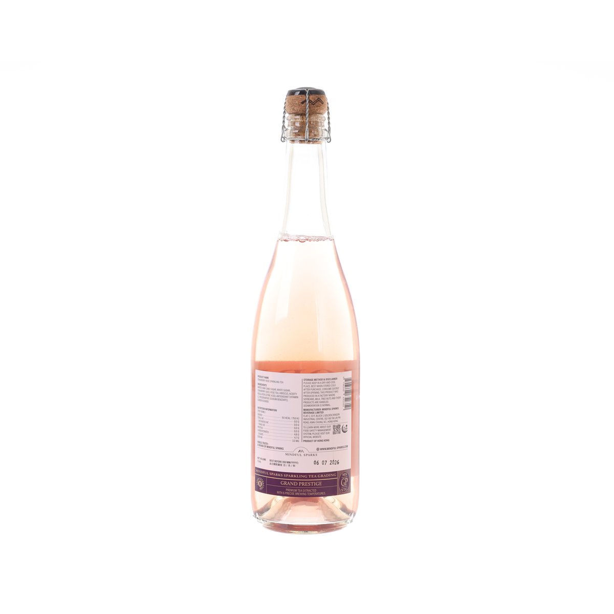 Cranberry rose sparkling tea bottle with cork-style stopper, back label and nutrition panel
