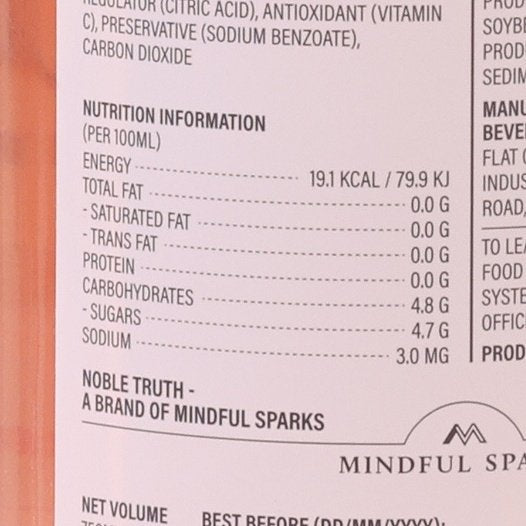 Close-up nutrition information panel on Noble Truth sparkling tea bottle label