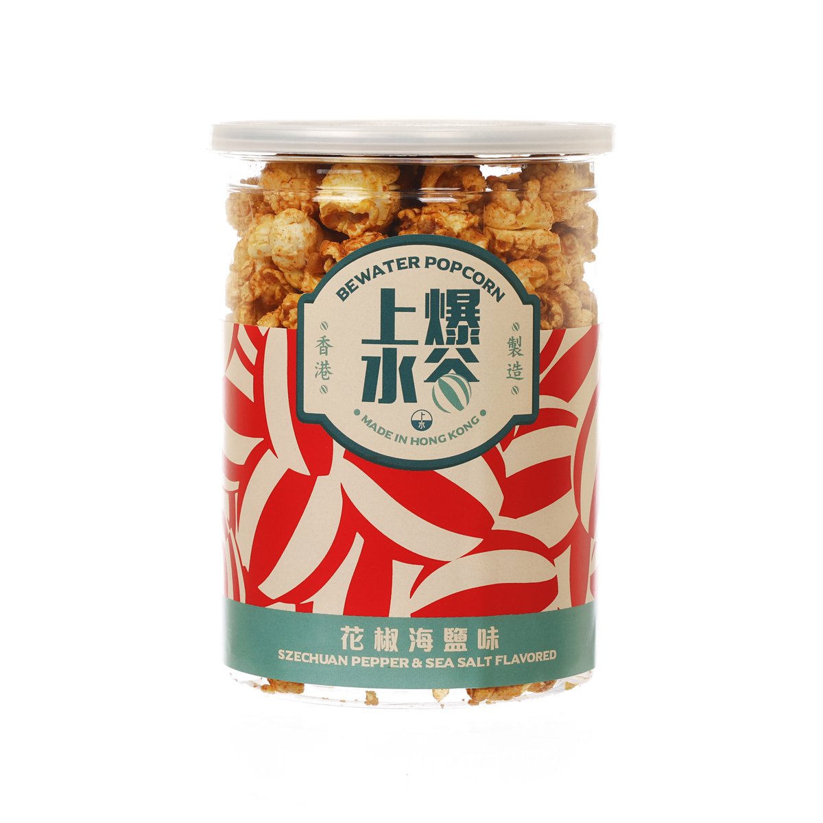 Szechuan pepper & sea salt flavored popcorn jar, clear lid, red-and-green front label