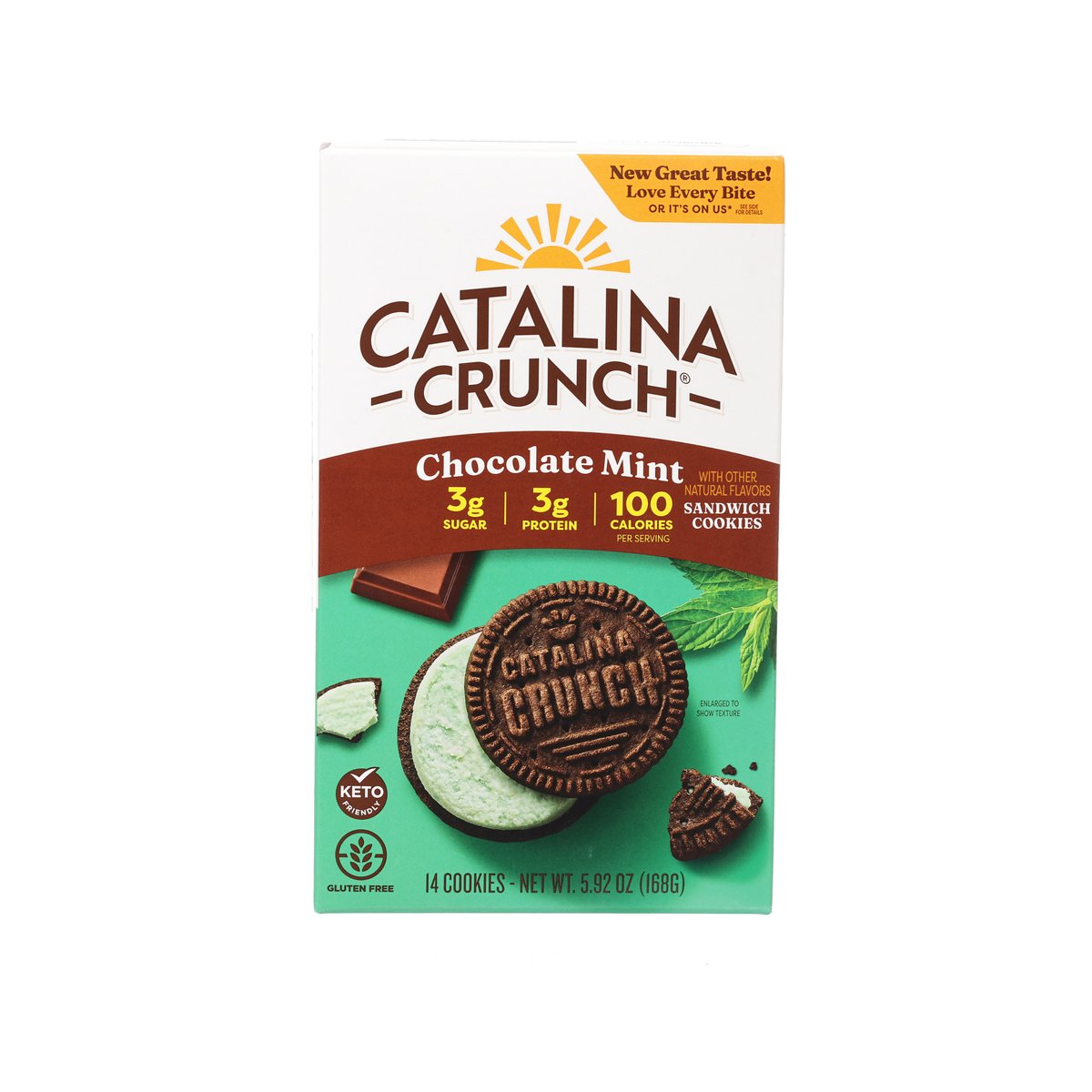 Chocolate mint sandwich cookie box front with cookie and flavor graphics