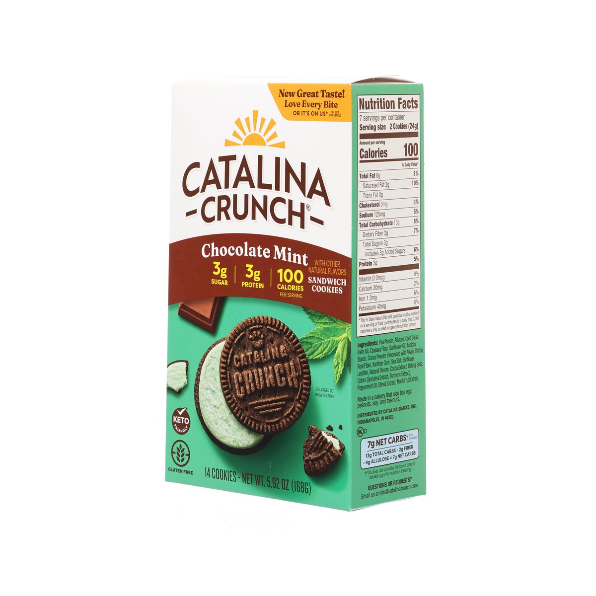 Chocolate mint sandwich cookie box back panel with nutrition facts and cookie image