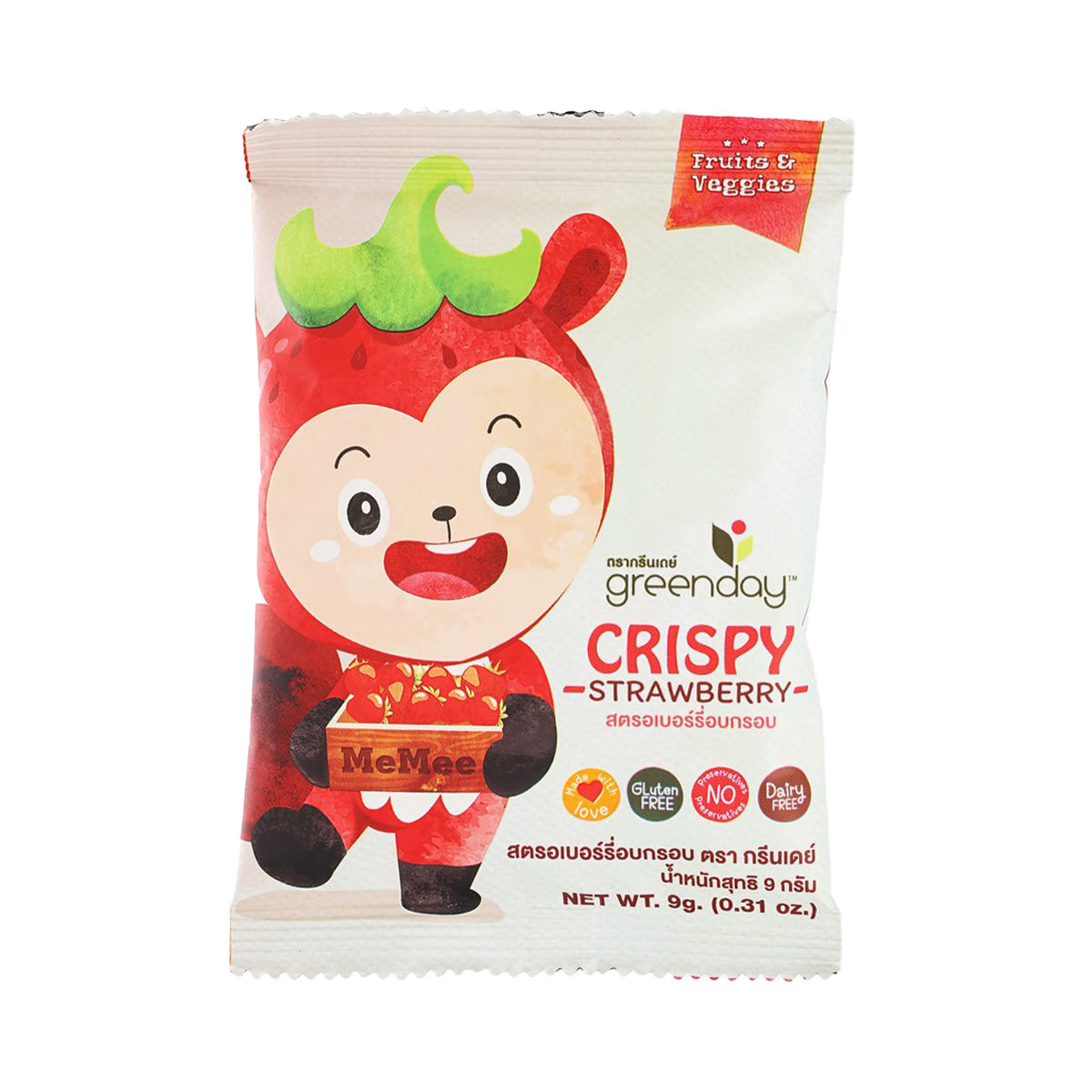 Kids crispy strawberry snack pouch with cartoon bear, red and white packaging, 9 g