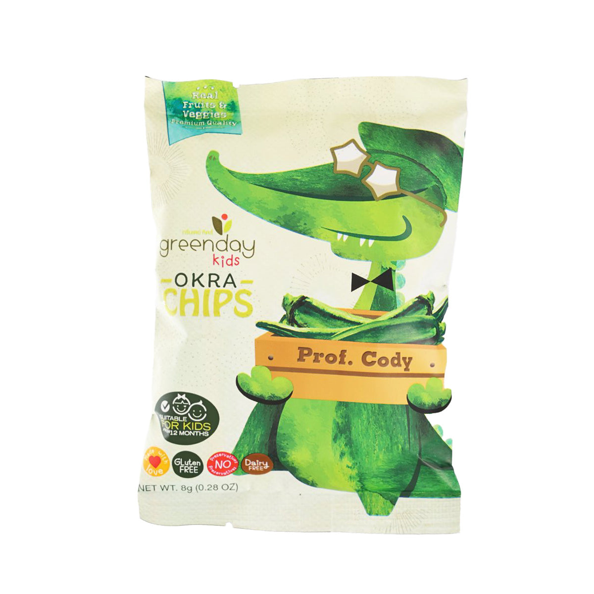 Kids okra chips snack bag with green character graphic and 8 g size