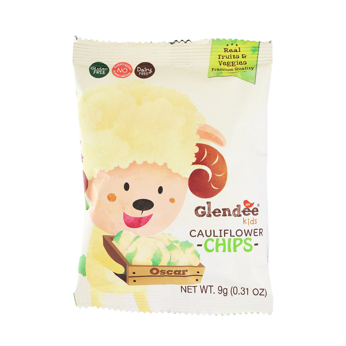 GREENDAY kids cauliflower chips 9g pouch with cartoon dog and cauliflower graphic