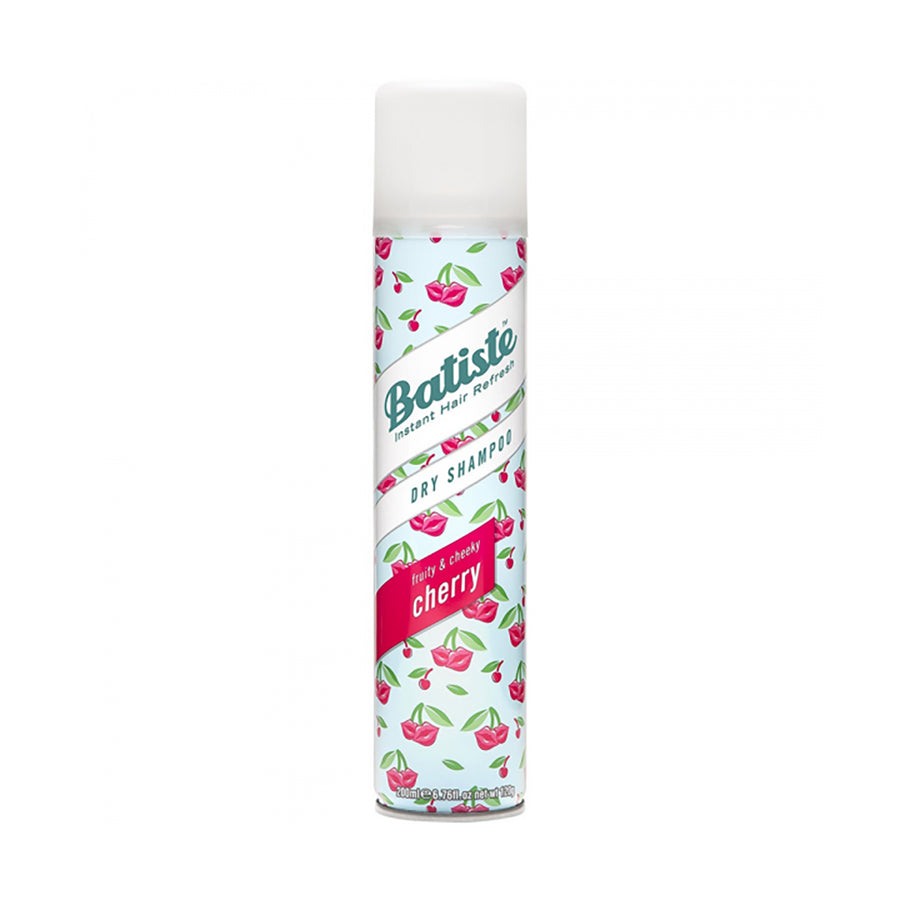 Dry shampoo aerosol can, white with cherry print and BATISTE label