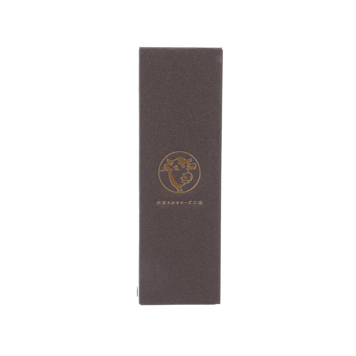 Dark brown cookie box with gold logo emblem