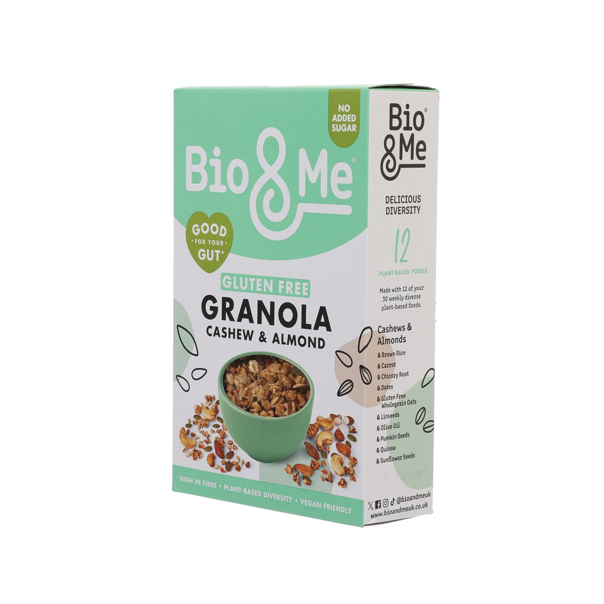 Bio & Me gluten-free granola box, side panel with cashew and almond details