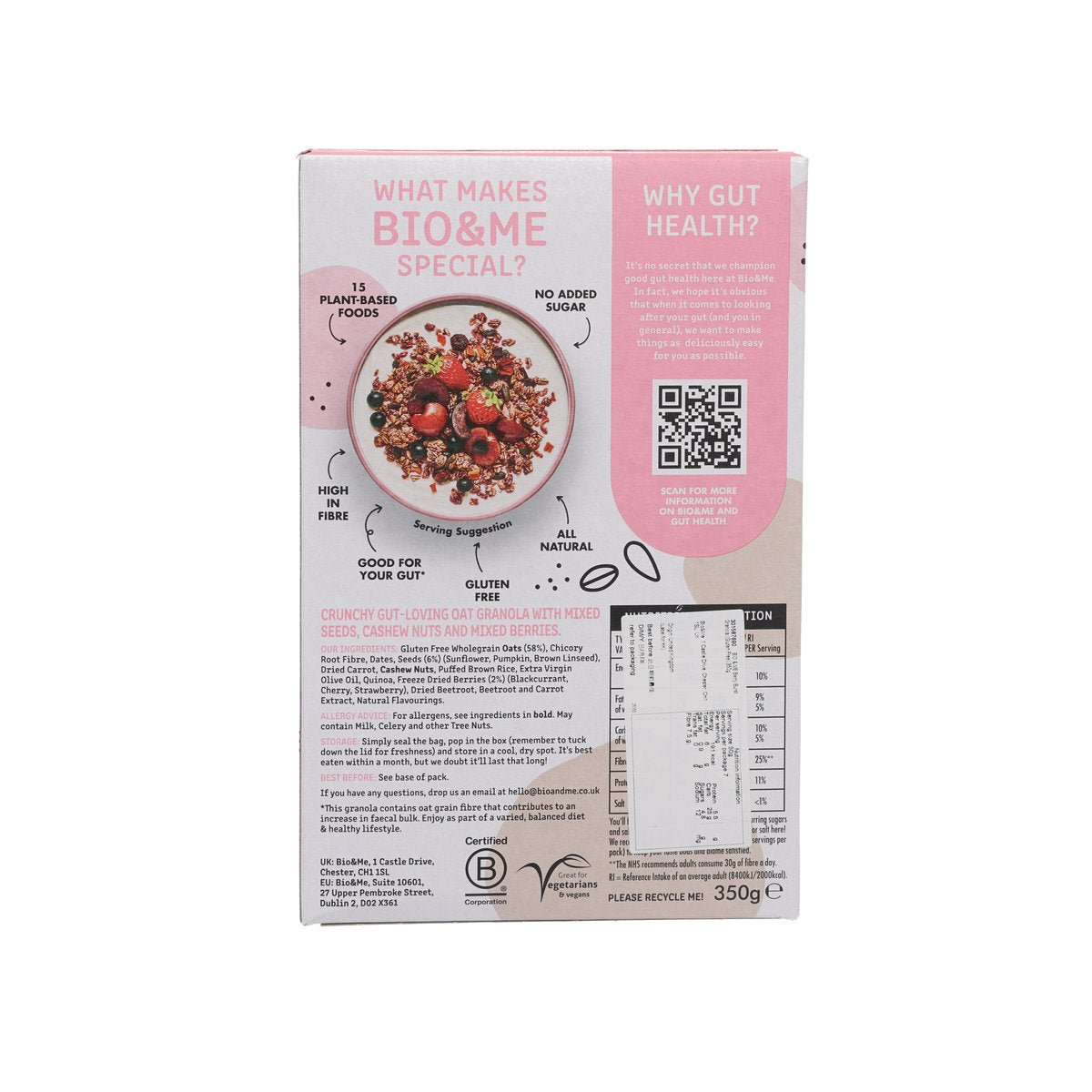 BIO & ME gluten-free granola box back with health info and nutrition table, 350g