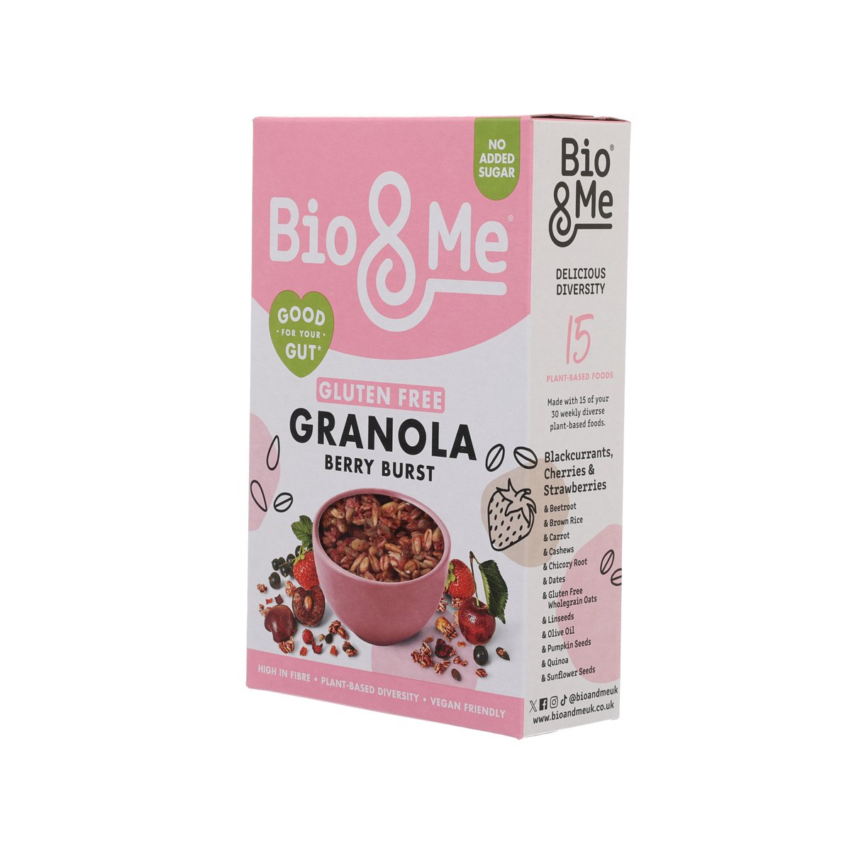 BIO & ME gluten-free granola box showing berry burst flavor and benefits, 350g