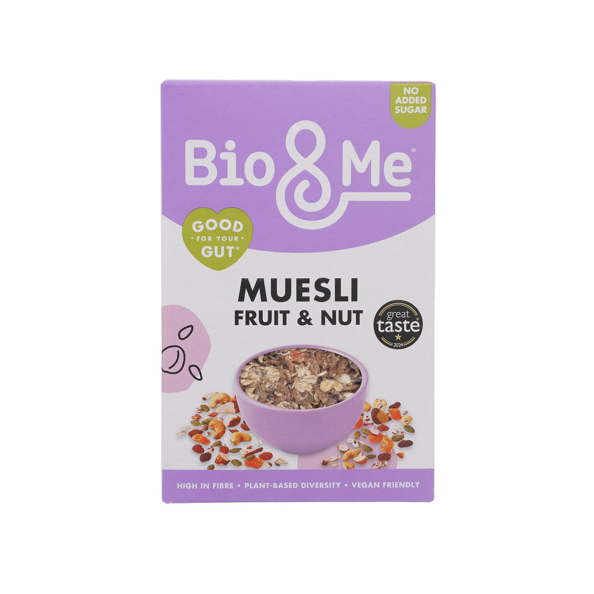 Bio & Me fruit and nut muesli box with purple label and bowl graphic