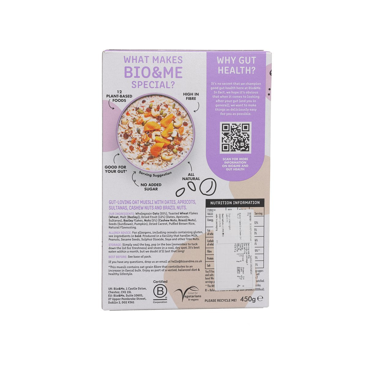 Bio & Me fruit and nut muesli back panel with serving and nutrition table