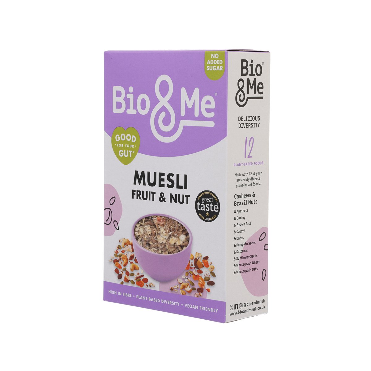 Bio & Me muesli box side panel with fruit and nut label details