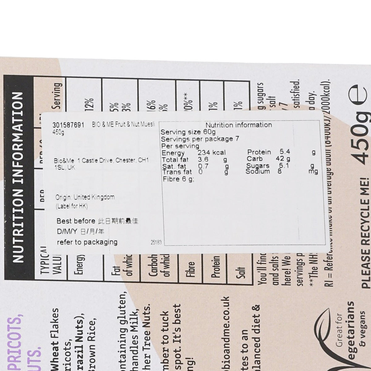 Bio & Me muesli close-up nutrition information table for 450g
