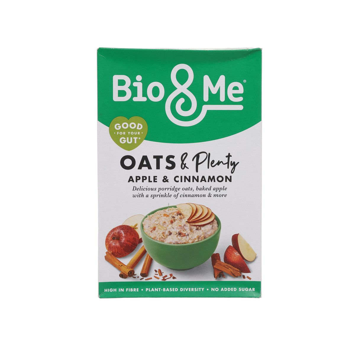 BIO & Me Oats & Plenty apple and cinnamon porridge oats, green-and-white 400g carton front