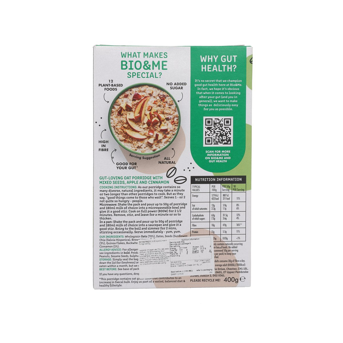 BIO & Me Oats & Plenty apple and cinnamon porridge oats, nutrition facts on 400g carton back