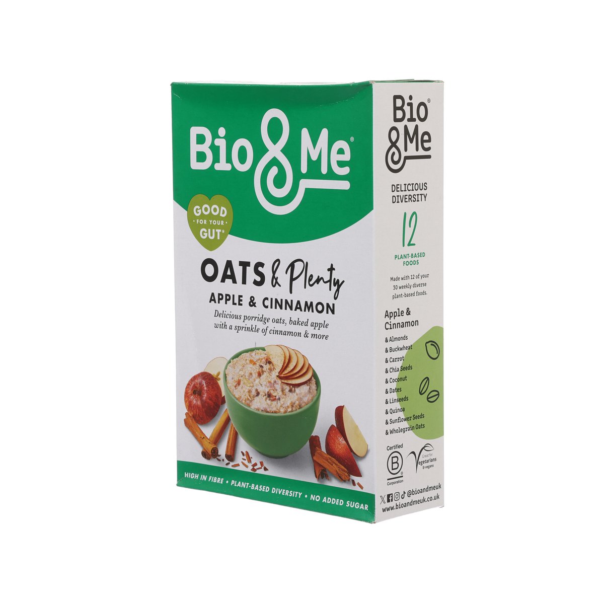 BIO & Me apple and cinnamon porridge oats 400g carton with green branding and side panel