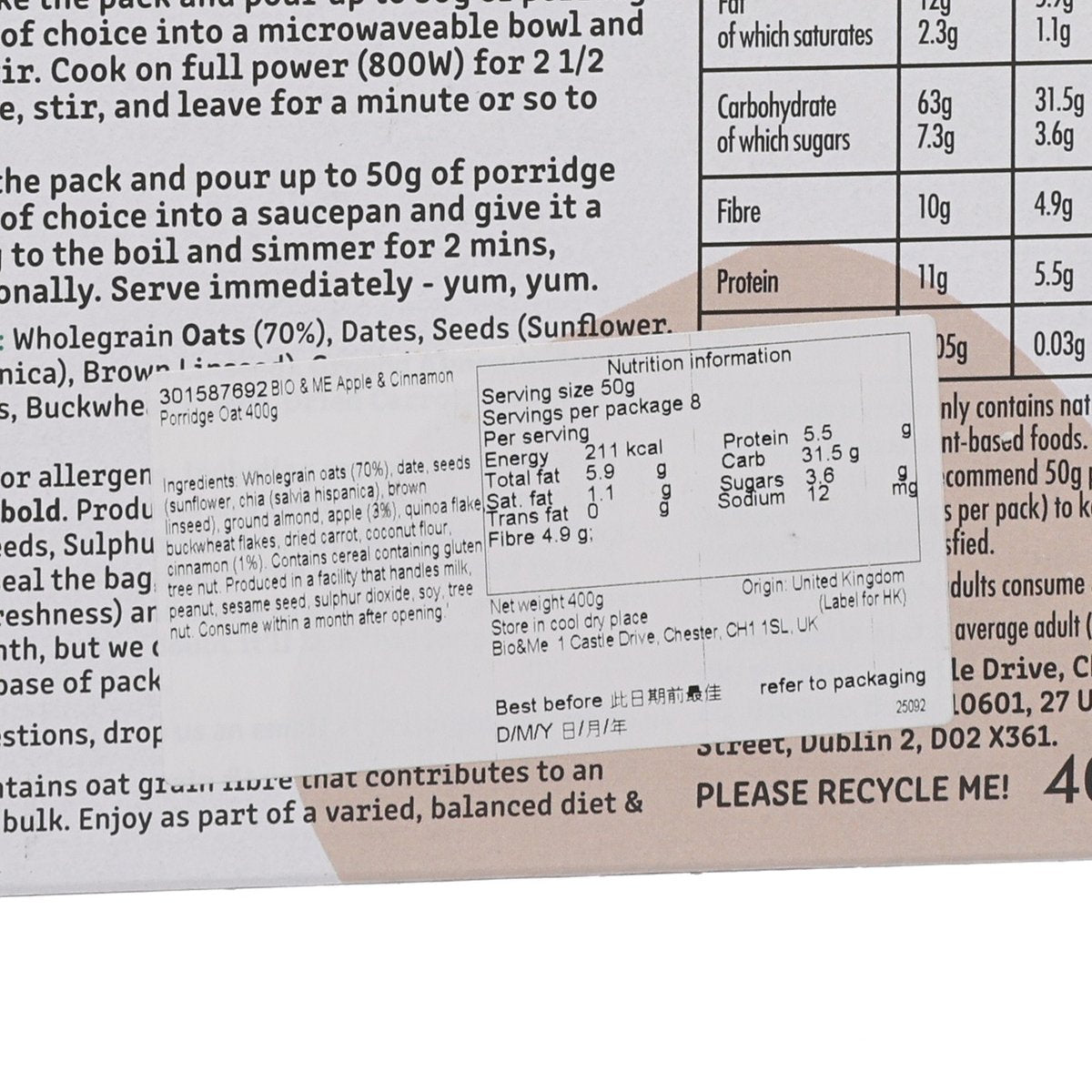 BIO & Me Oats & Plenty apple and cinnamon porridge oats nutrition panel on 400g carton
