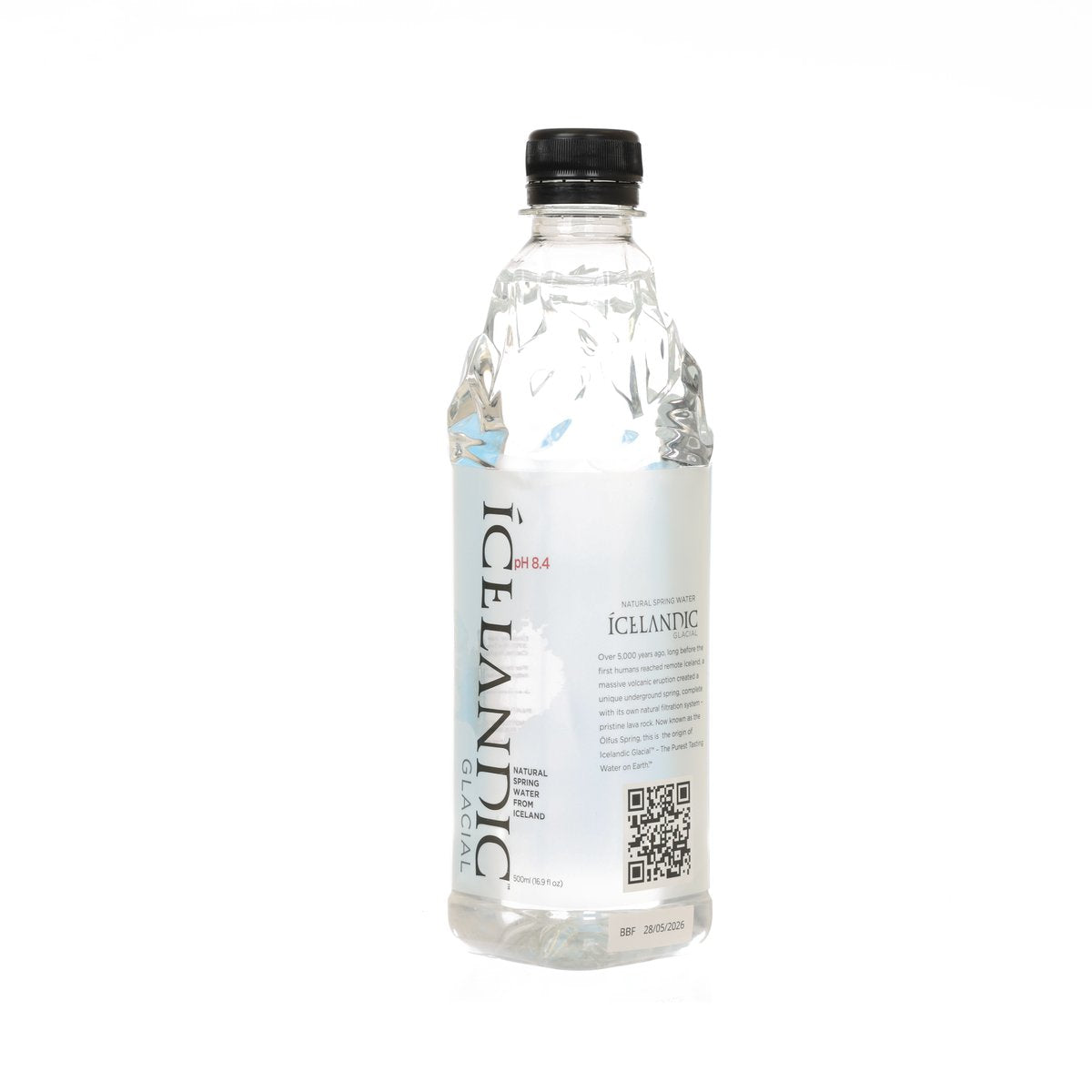 ICELANDIC alkaline spring water PET bottle, 500 mL, front label with QR code