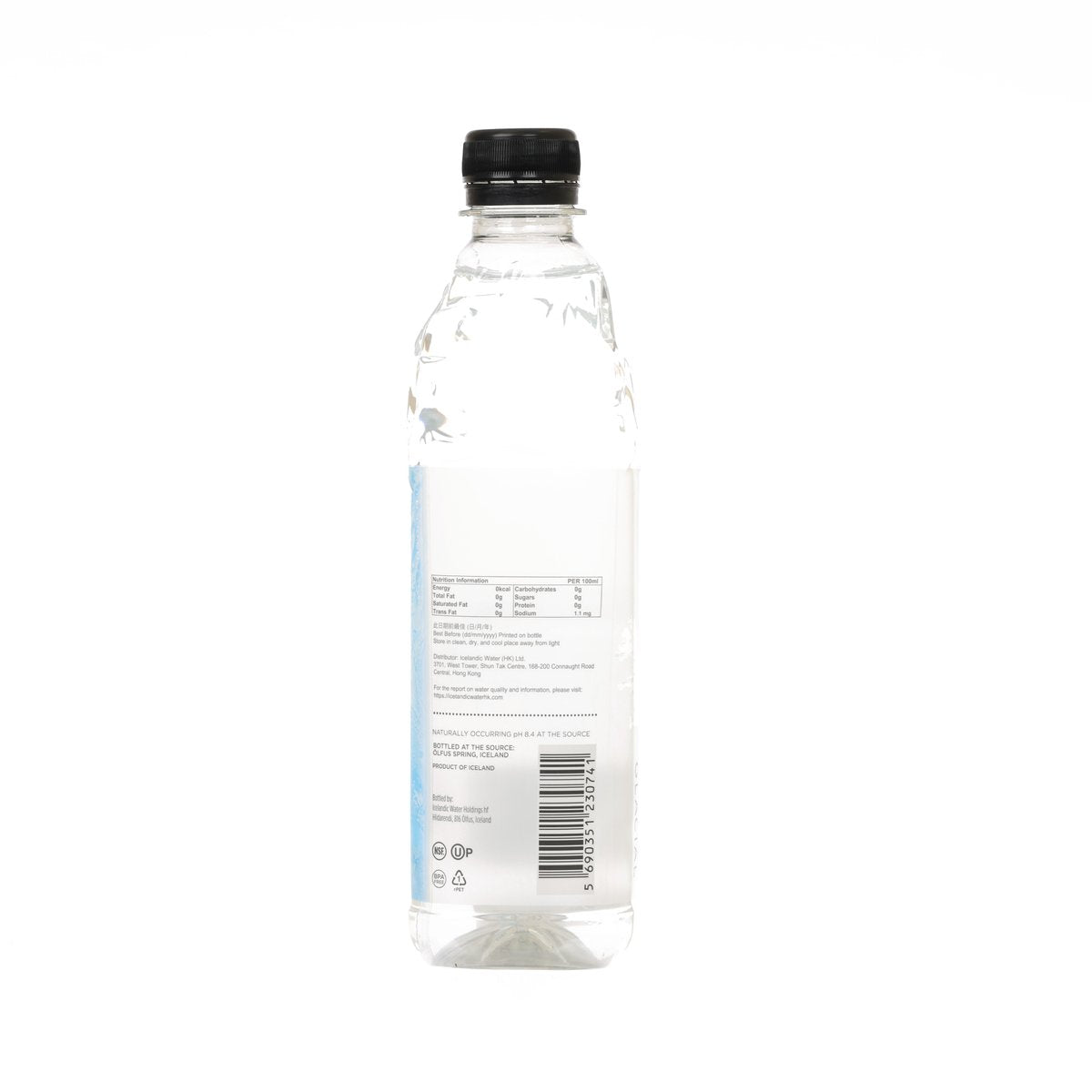 ICELANDIC alkaline spring water PET bottle, 500 mL, back label with barcode