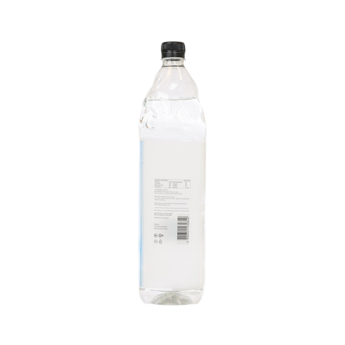 ICELANDIC alkaline spring water bottle, 1500 mL PET, back label with barcode