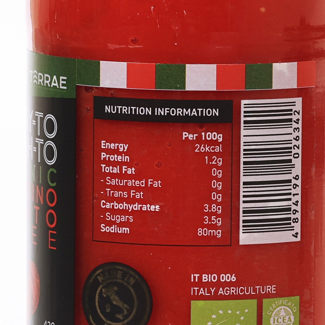CITYSUPER tomato puree nutrition information panel on bottle label