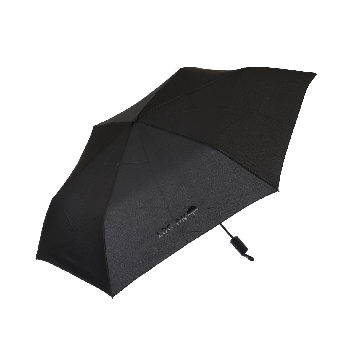 Black automatic compact umbrella with LOG-ON logo and curved handle