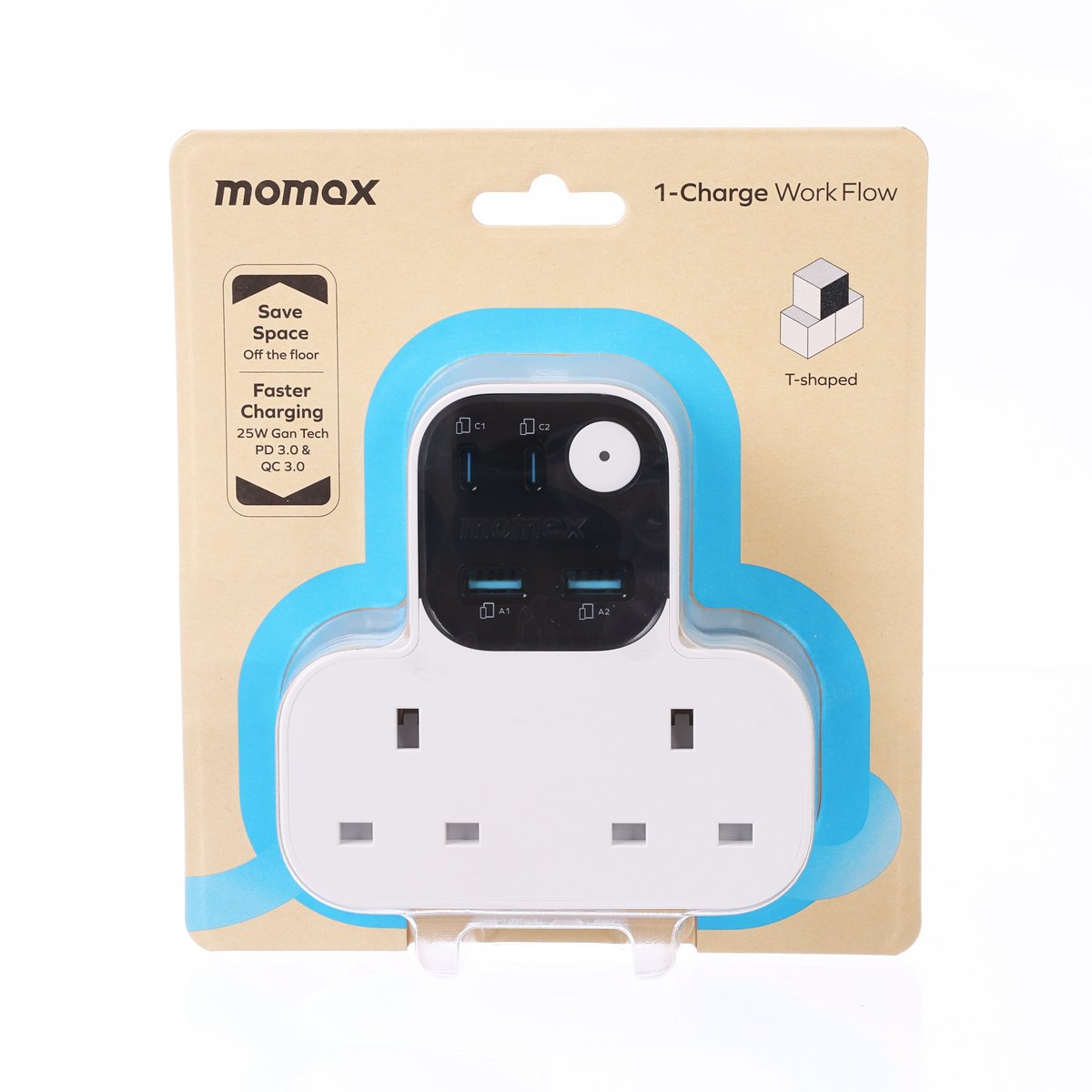 MOMAX T-shaped extension socket with 2 outlets and USB charging ports, white