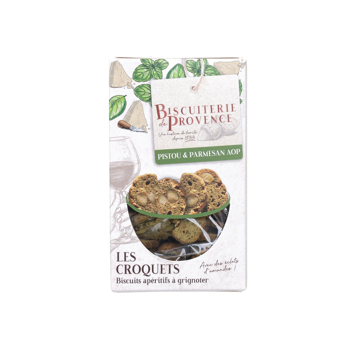 Savory pesto and parmesan biscuits box with front label and croquet design