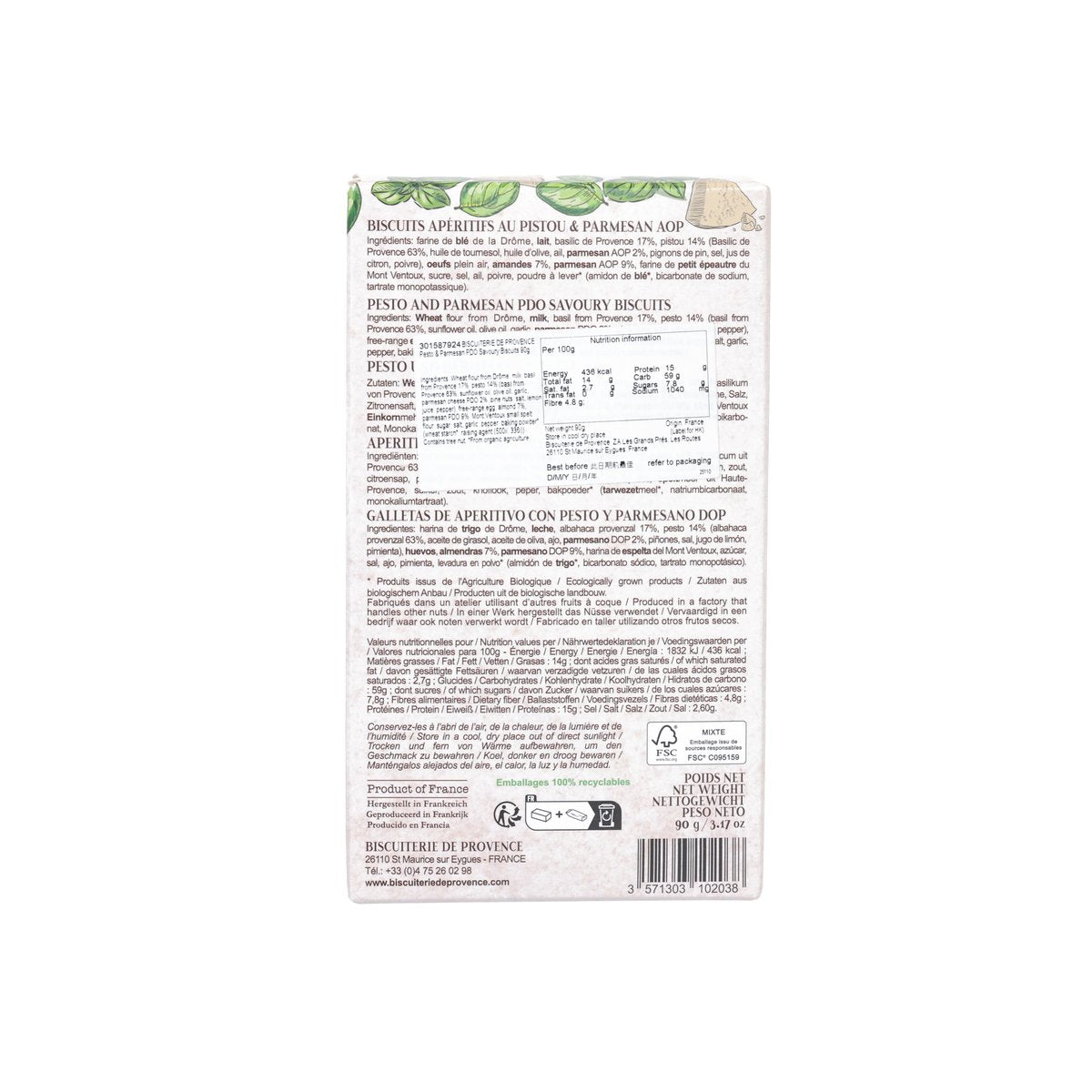 Savory pesto and parmesan biscuits box back panel with product information