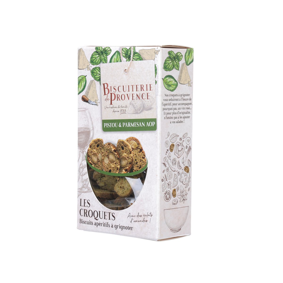 Savory pesto and parmesan biscuits carton, side view with branding and details