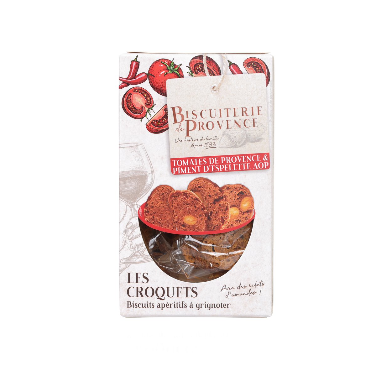 Savory croquet biscuits gift box with red tomato and Espelette chili label
