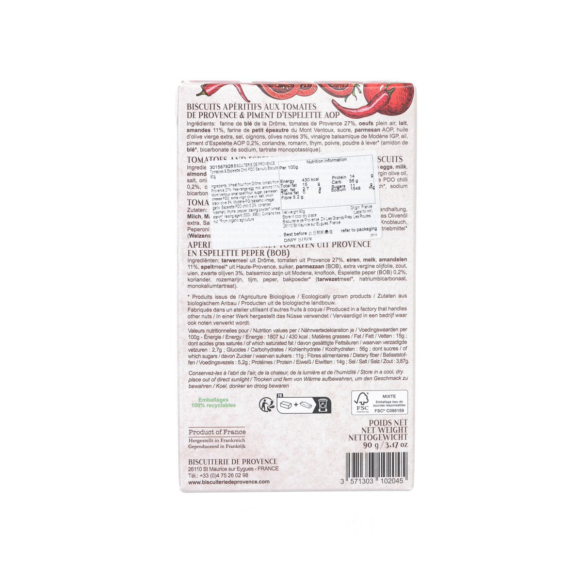 Back of savory biscuit box with ingredient and nutrition information panel