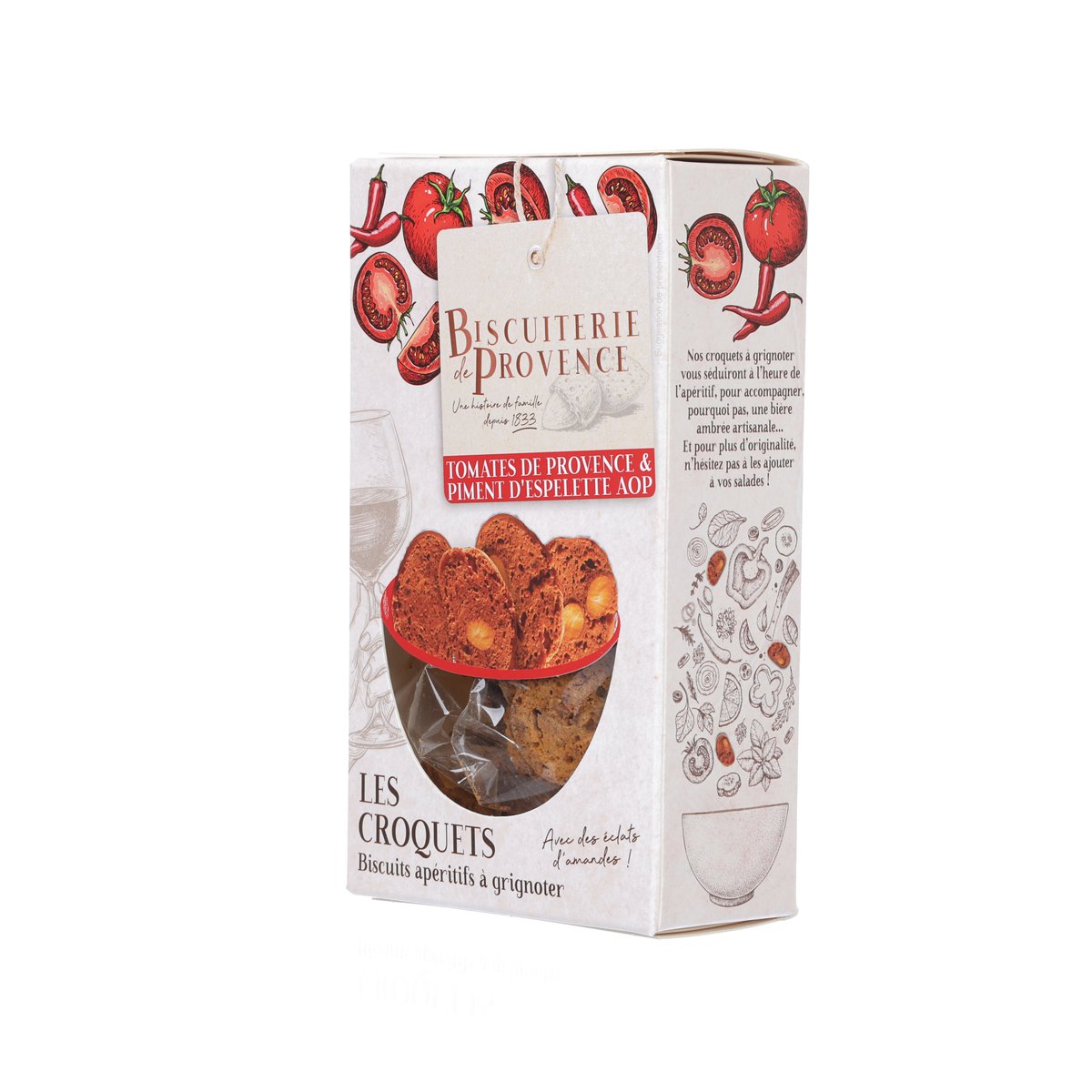 Savory biscuit box side panel with tomato and chili flavor artwork and text