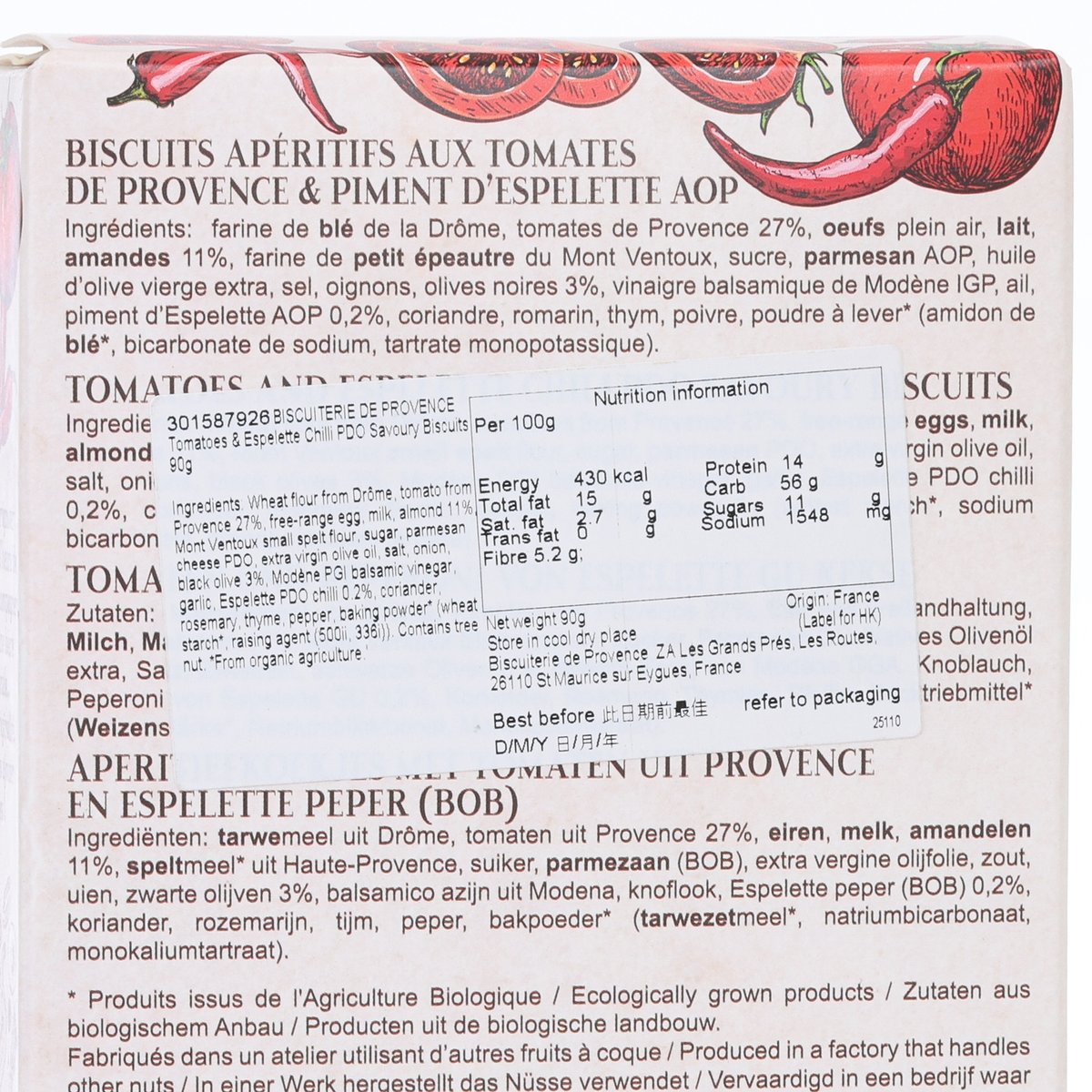 Close-up of savory biscuit box ingredients and nutrition facts
