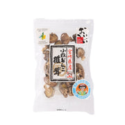 Dried small donko shiitake mushrooms in sealed 50g bag with front label