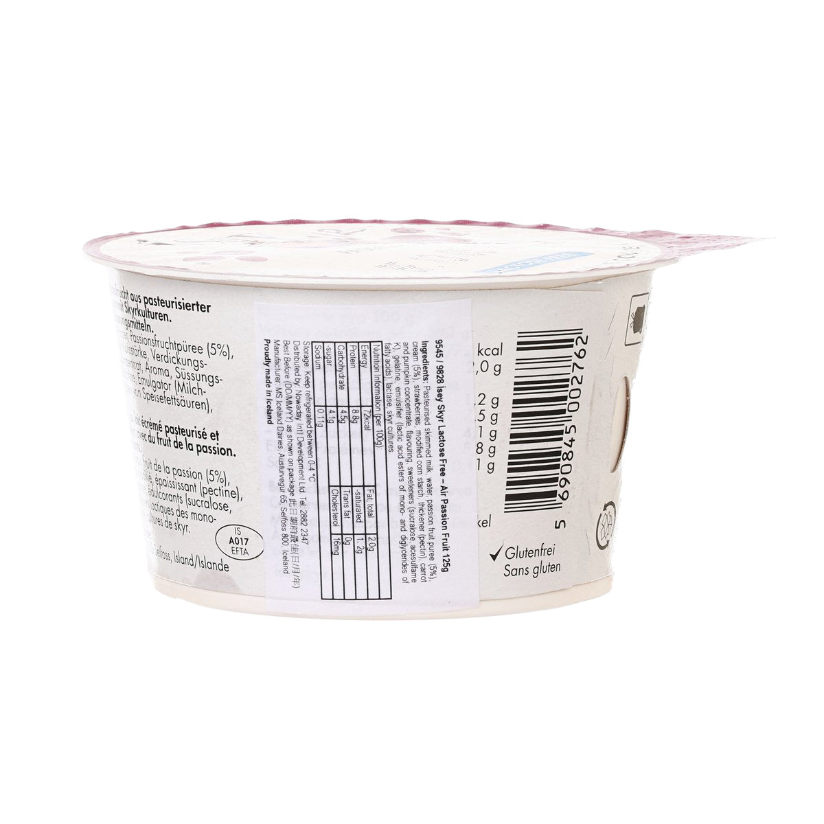 Lactose-free skyr air cup back label with nutritional information.