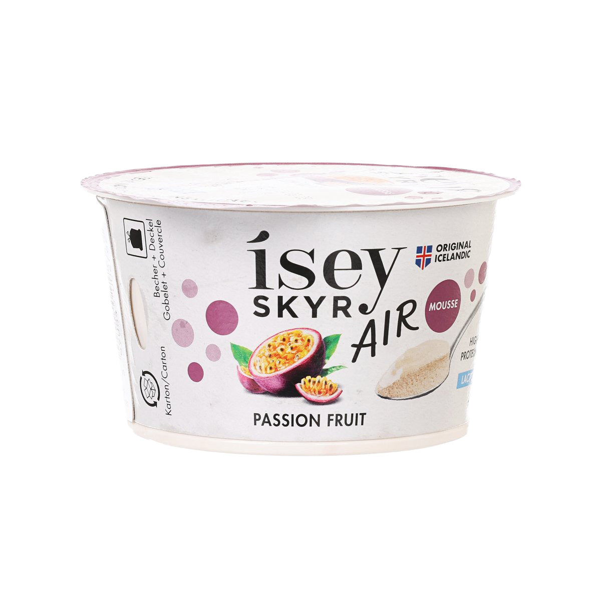 Lactose-free skyr air cup, passion fruit print on white tub.