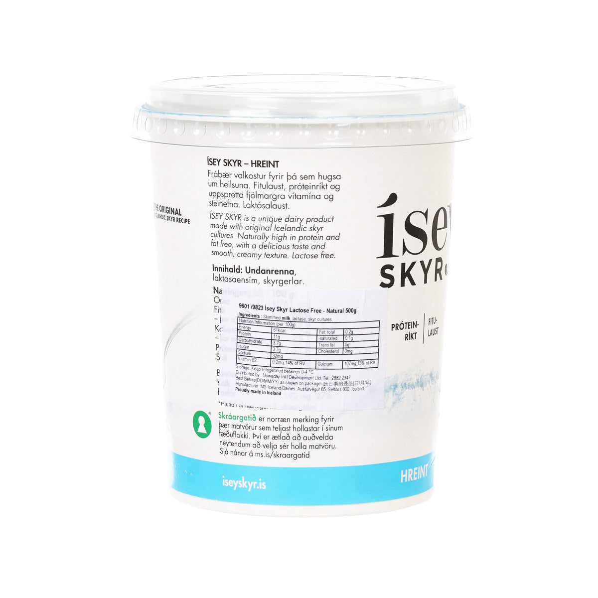 Back label of natural skyr tub with nutrition and ingredients, 500 g