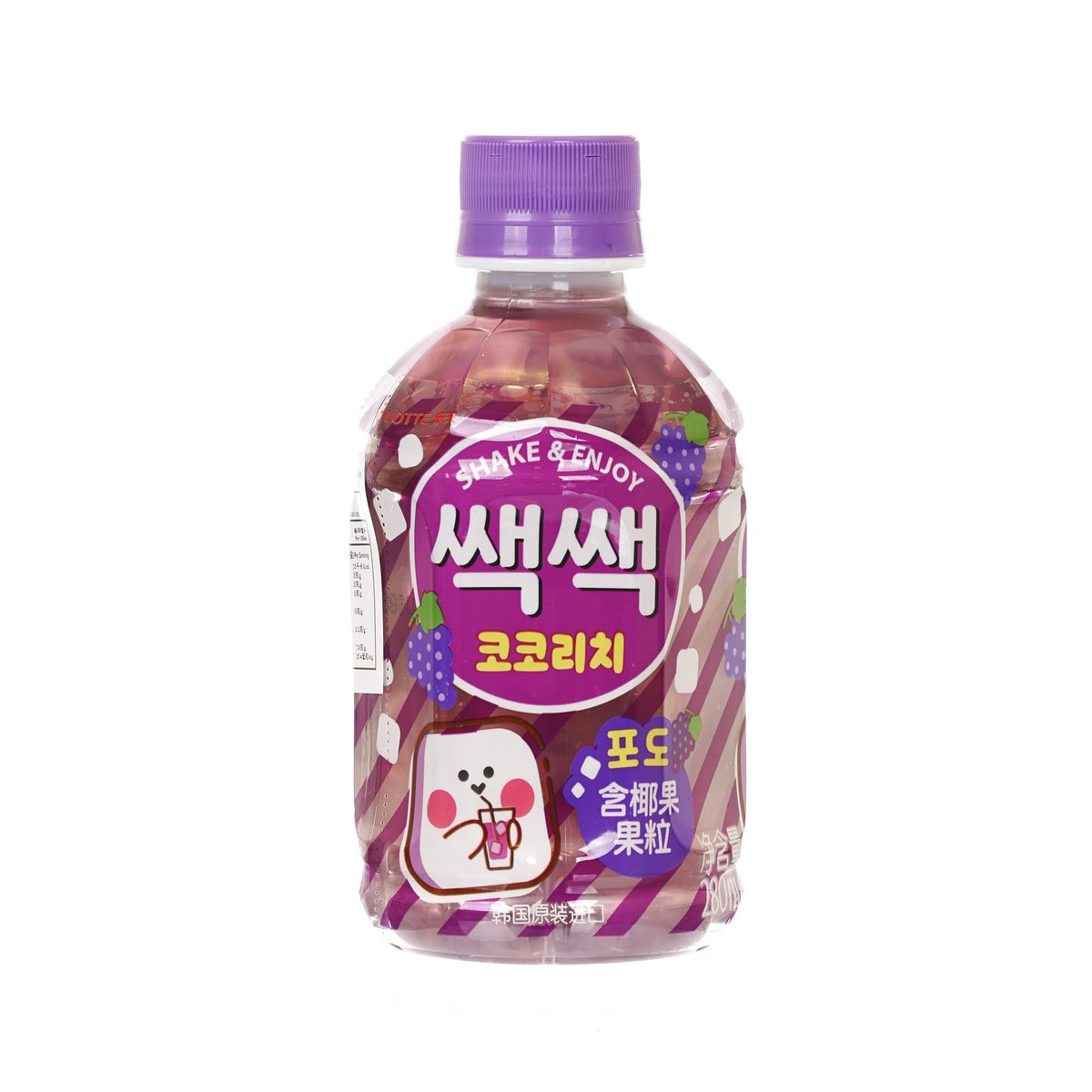 Grape-flavored drink bottle with purple cap, front label SAC SAC COCORICH